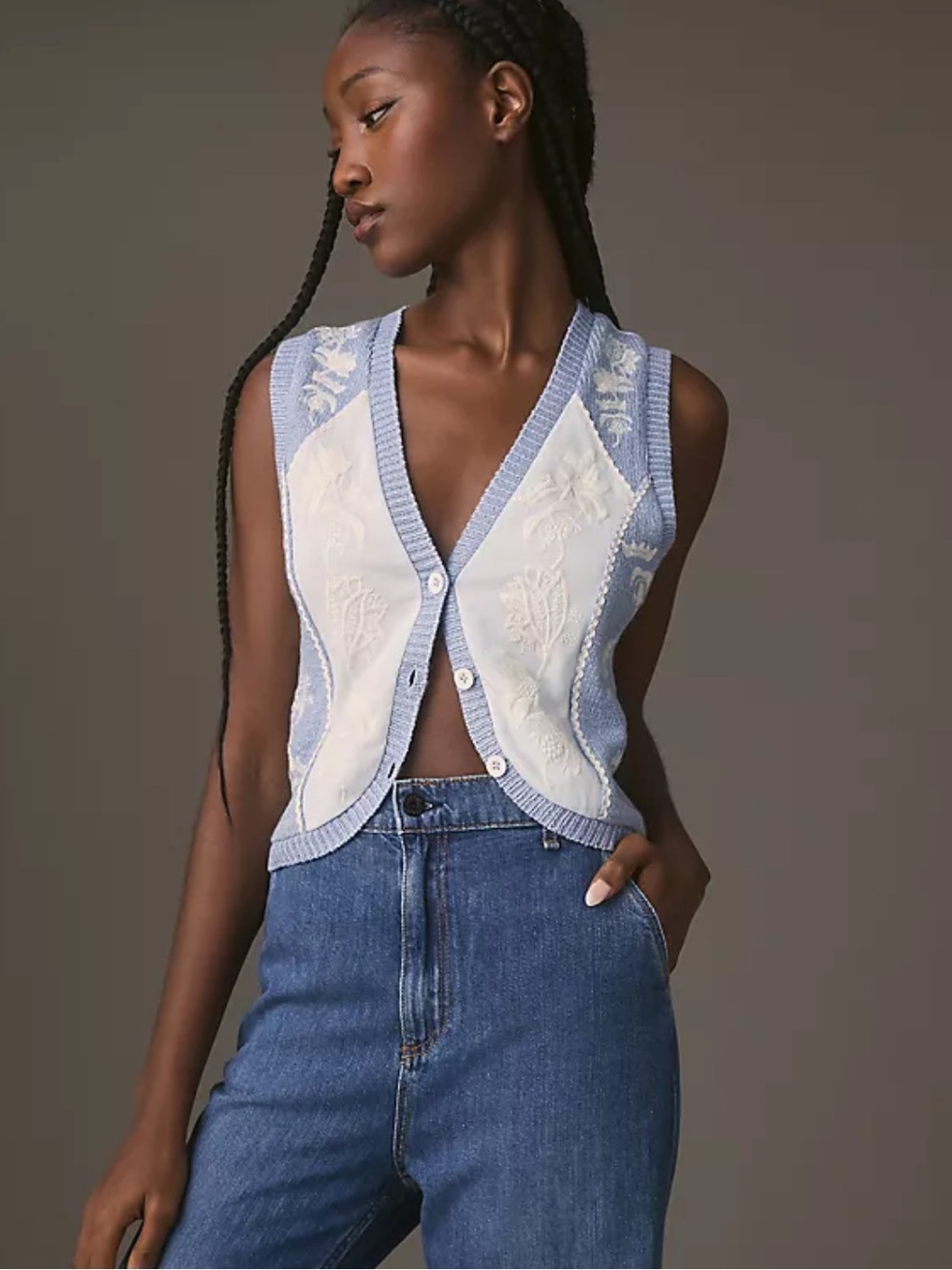 By Anthropologie Blue White Floral Knit Sweater Vest Top Cottage Small